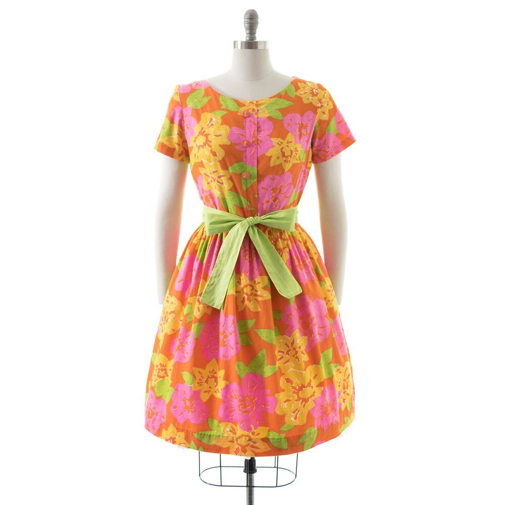 Vintage 1950s Dress 50s MODE O DAY Pink Floral Print Cotton Full Skirt Fit Flare - Picture 2 of 9